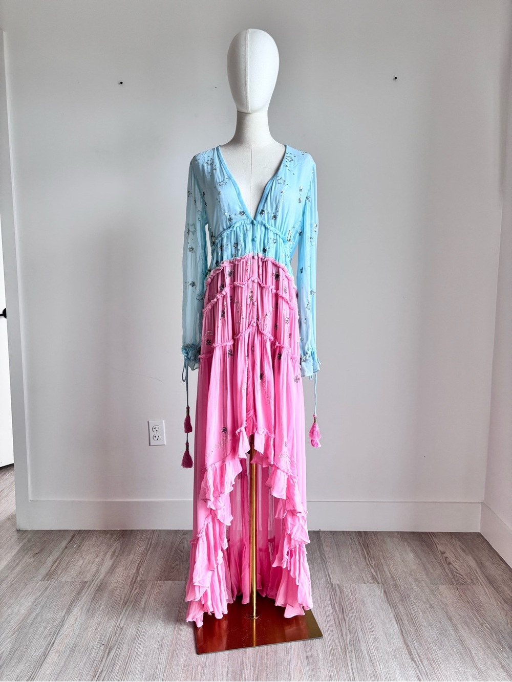 Rococo Sand Blue & Pink Sequin Star High-Low Maxi Dress Size XS